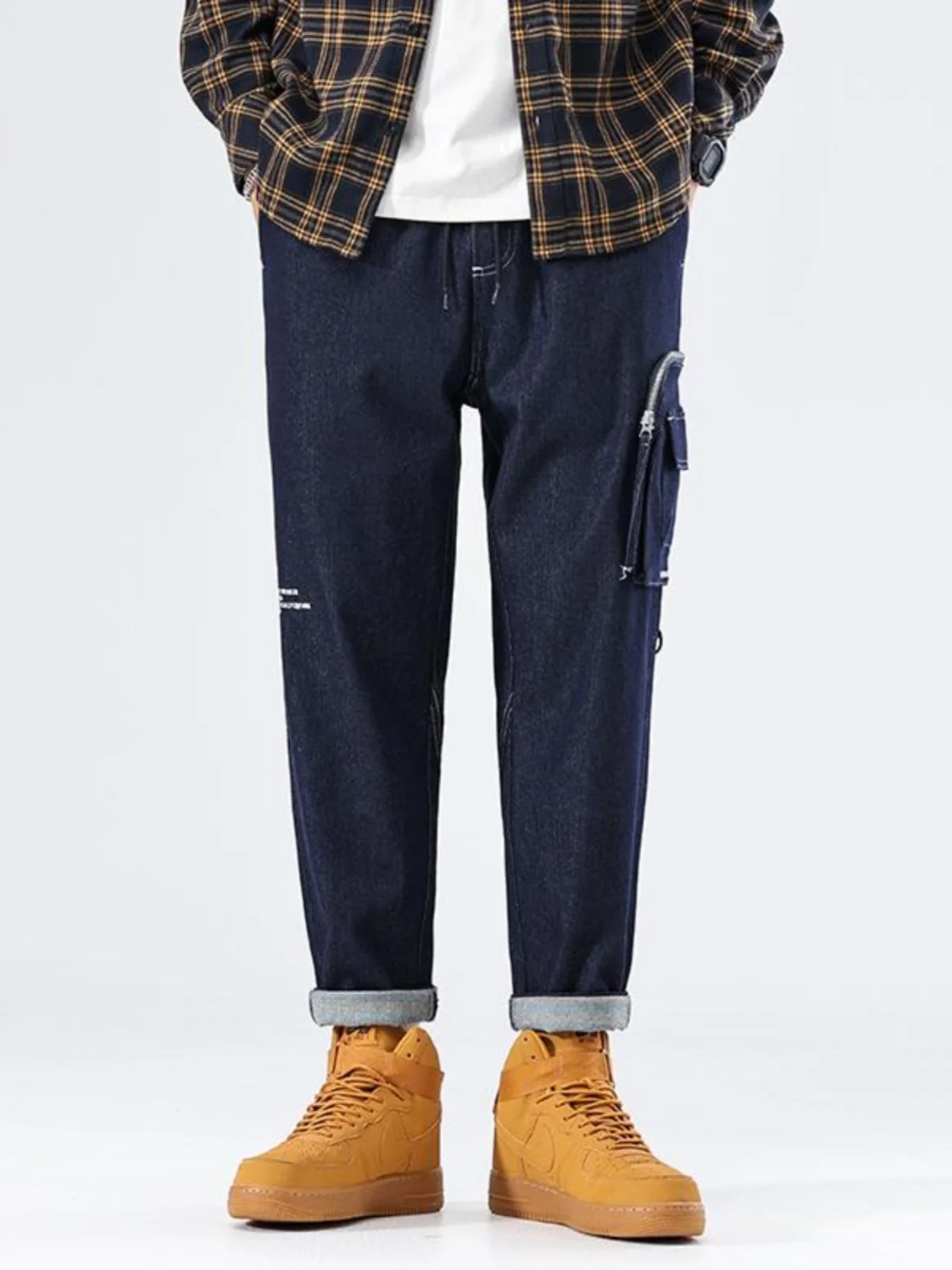 

Trendy High Street Workwear Jeans Men's Loose Straight Leg Autumn Drawstring Casual Elastic Harlan Pocket Decorative Pants