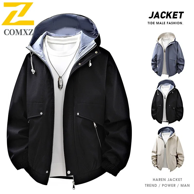 

COMXZ Повседневная мужская куртка с капюшоном для альпинизма, удобное мотоциклетное пальто, однотонный дизайн, легкая ветровка на весну и осень