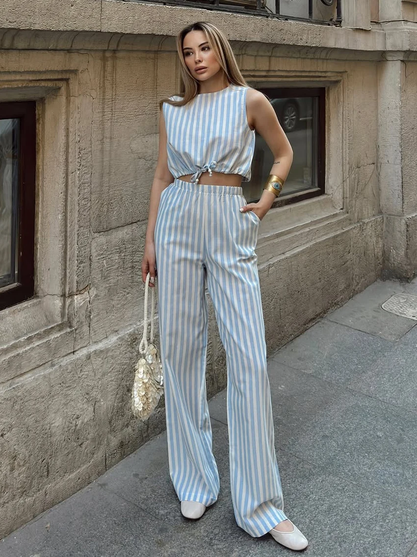 

Marthaqiqi Casual Ladies Nightgown Set O-Neck Sleepwear Sexy Crop Top Pajamas Tank Top Pyjamas Pants Striped Female Nightie Suit