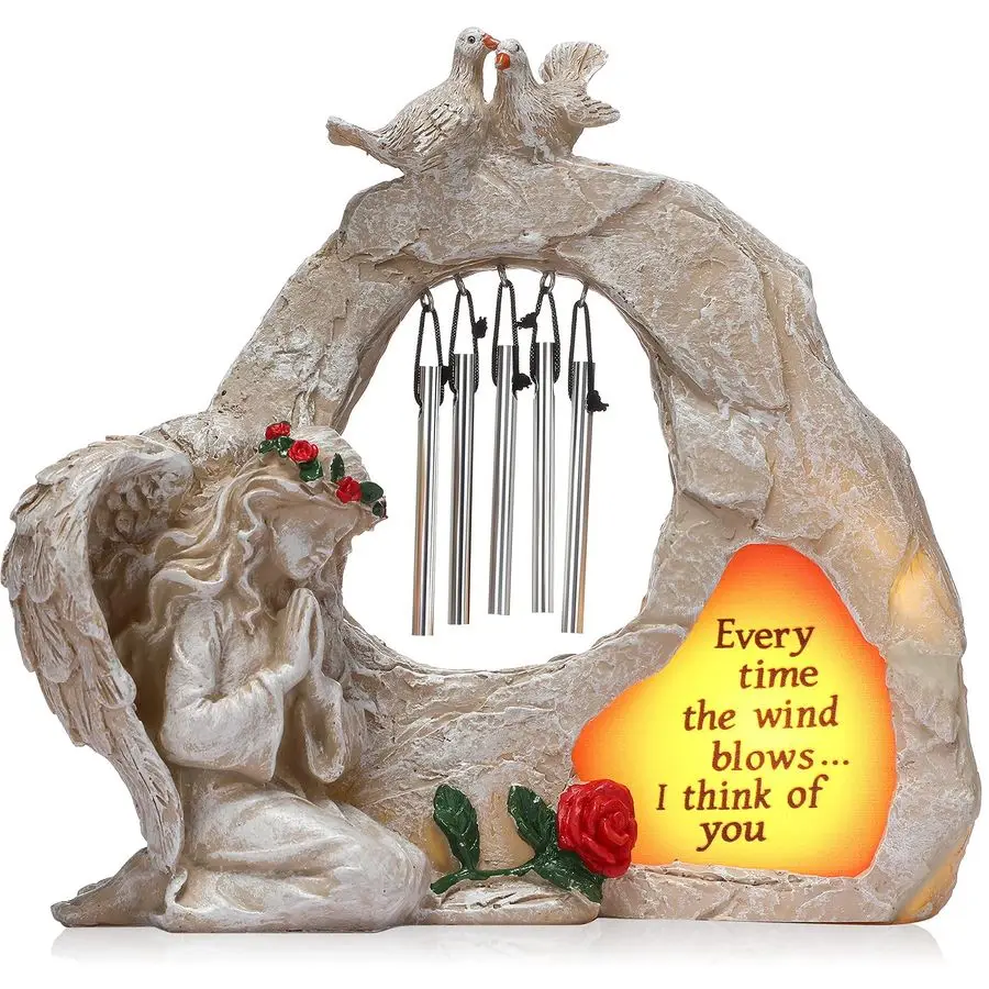 

Солнечная статуэтка-колокольчик с молящимся ангелом, садовая мемориальная статуэтка-колокольчик с ангелом, миниатюрные декоративные фигурки из смолы для дома