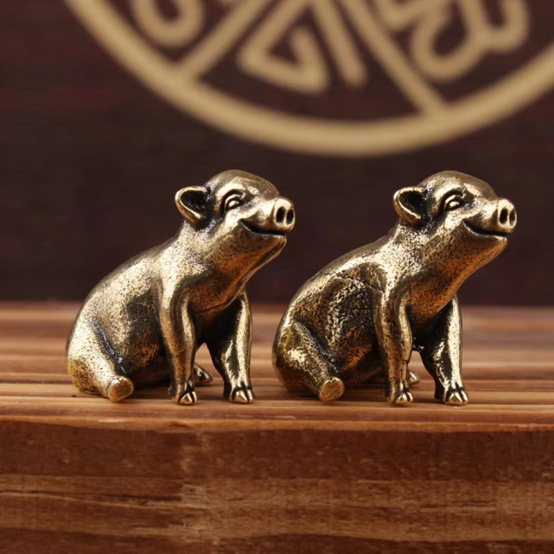 Vintage Brass Pig Ornaments Antique Bronze Twelve Zodiac Decorations Handicrafts Desktop Decorations Creative Gifts Compact