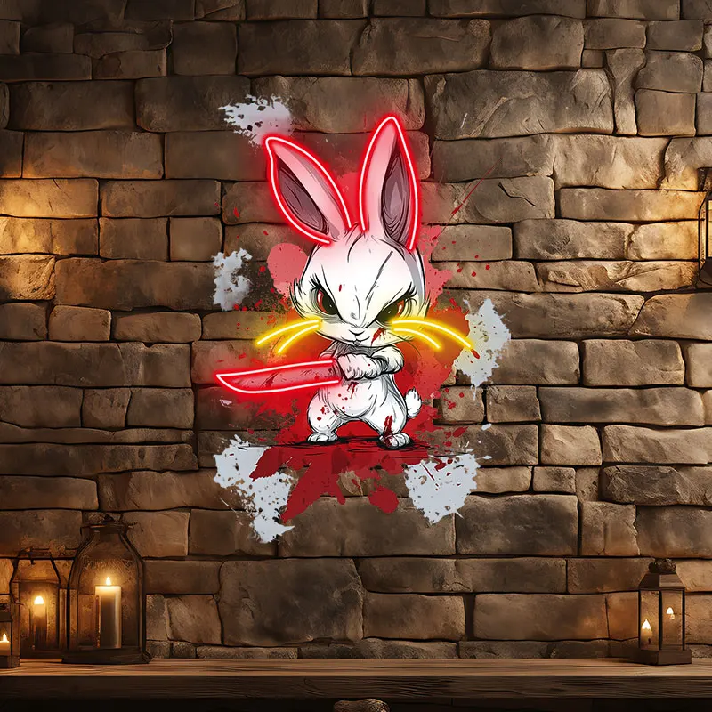 لوحة فنية جدارية نيون من Toysign Samurai Bunny - لافتة LED شرسة مع كاتانا، نمط كرتوني، ديكور جريء لغرفة الألعاب والبار والجل الكهف