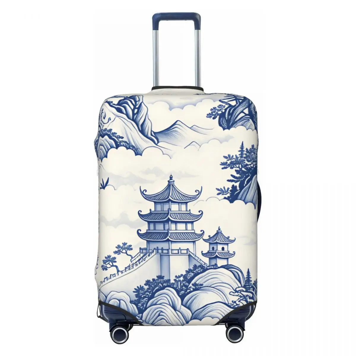 Chinoiserie Blue White Pagoda Mountain Seamless Pattern Travel Luggage Cover Elastic Suitcase Cover Protector Fit 18-32 Inch