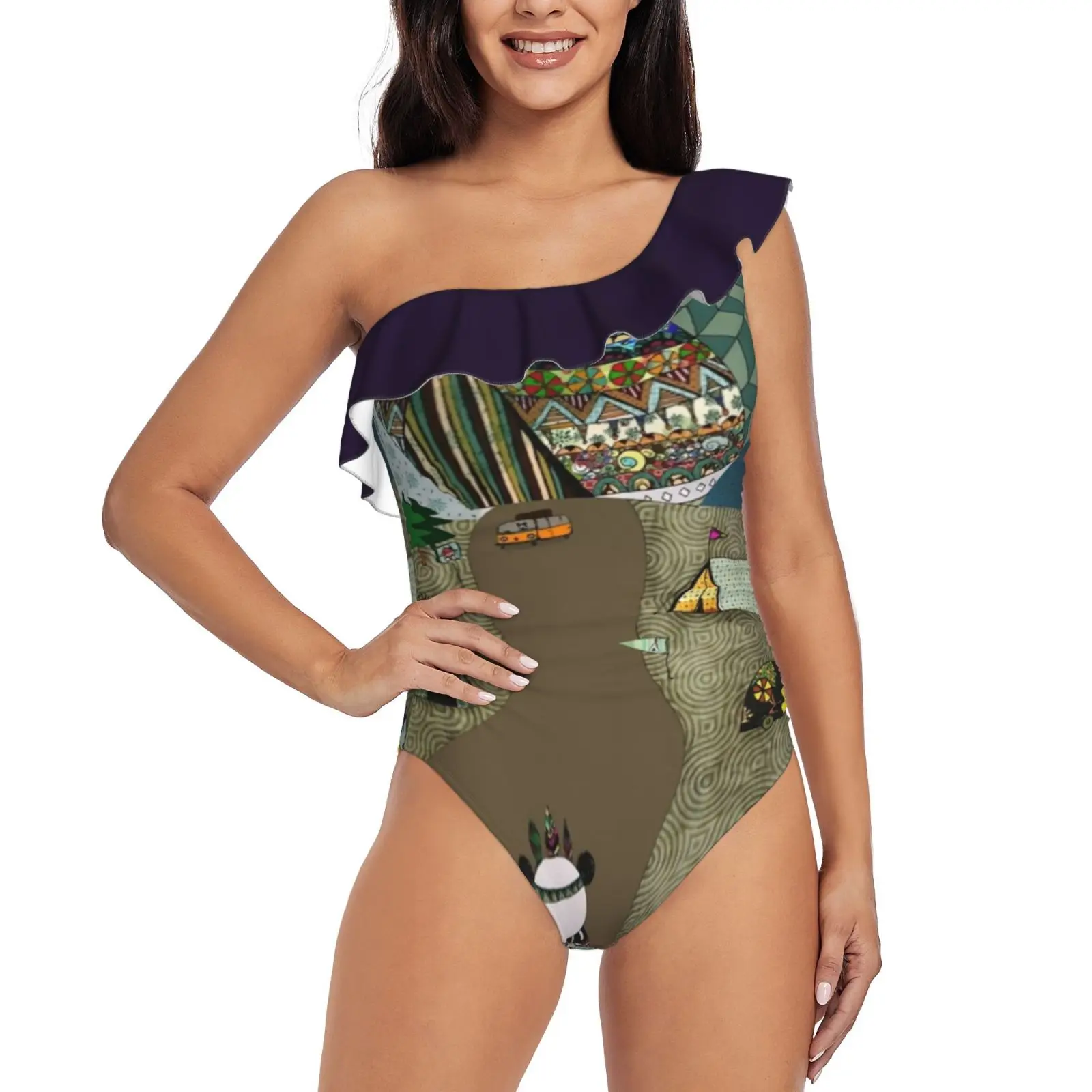 

Camping Is The Answer One Piece Swimsuit Women Ruffle Monokini Shoulder Swimsuit Bathing Suit Swim Wear Panda Pandas Gazing