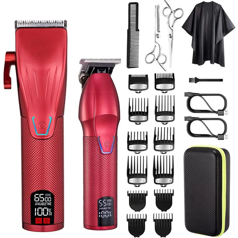 

Rechargeable Electric Beard Trimmer Kit with T-Blade Edgers and LED Display, Perfect for Men's Grooming (Red)