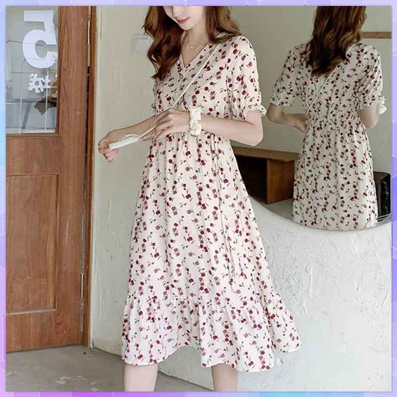 Summer Women's Dress Korean Sweet Floral V-Neck Fairy Leisure Girls Cute Flounced Edge All-Match Chic Elegant Dresses Ladies