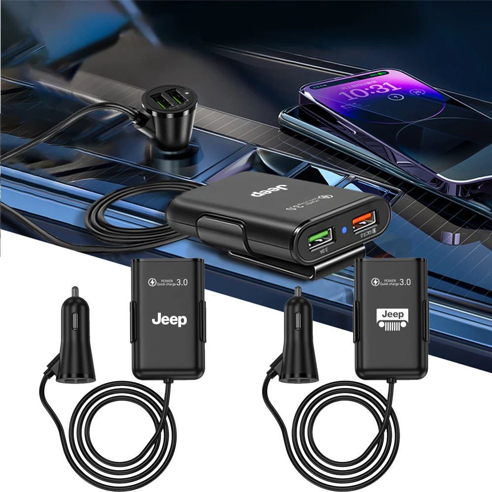 Carregador rápido para carro, 4 portas, cabo de dados usb, adaptador de carregador de celular, acessórios automotivos para jeep renegade patriot wrangler cherokee