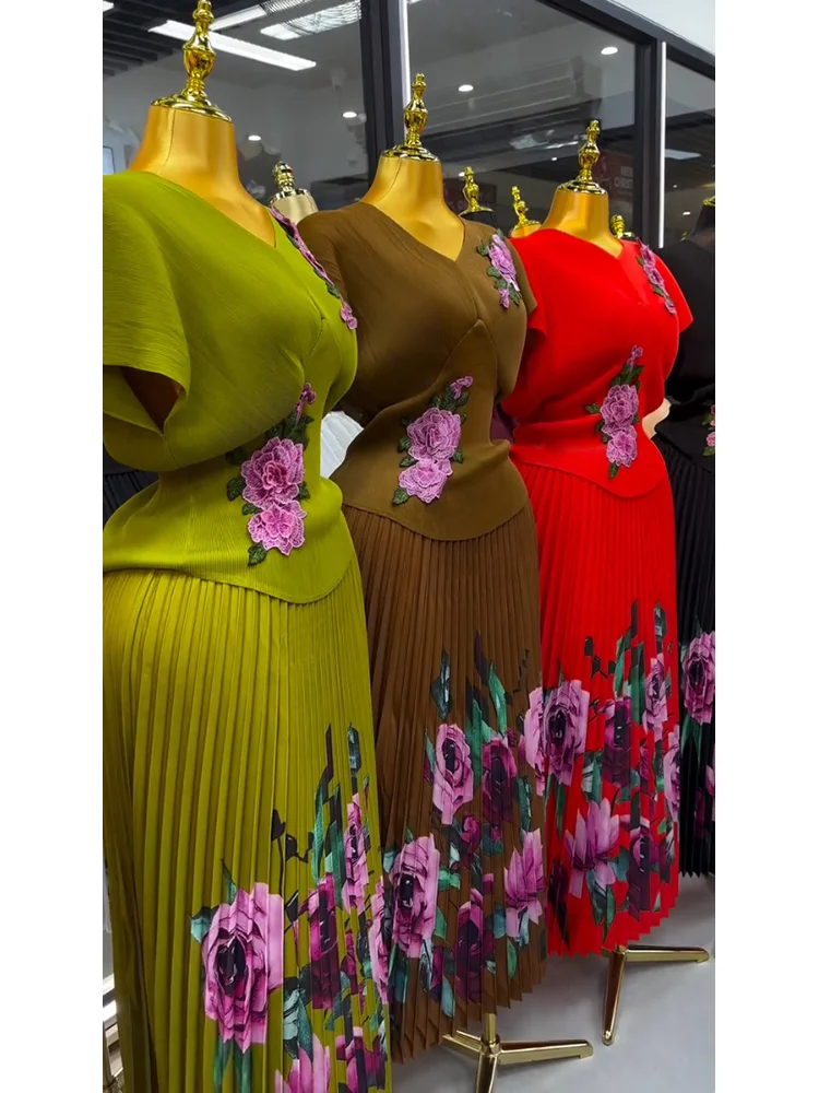 EGRM Appliques V-neck Batwing Sleeves Tops and Print A-line Folds Skirt Elegant Evening Party Miyake Pleated Two-piece Set 7R951