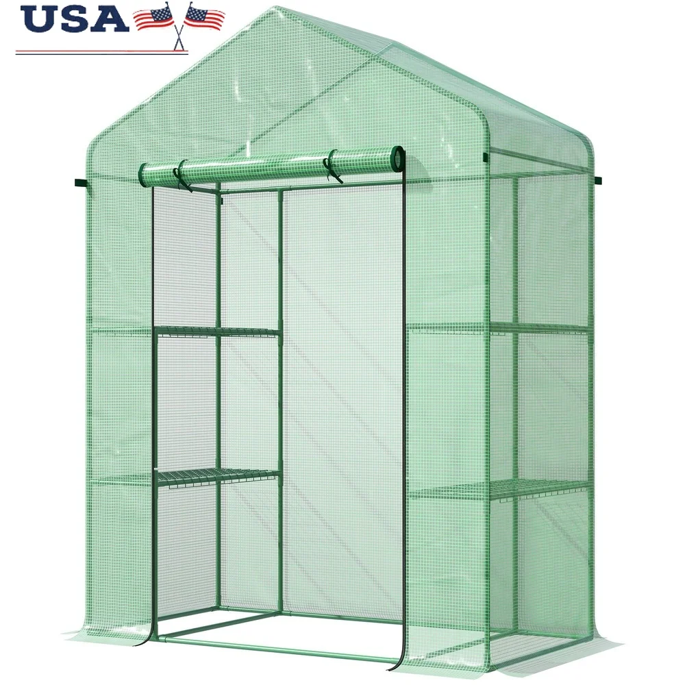 

Portable Mini Walk-in Greenhouse Kit with 3 Tier Shelves Roll-Up Door Seedlings Plants Outdoor Protection