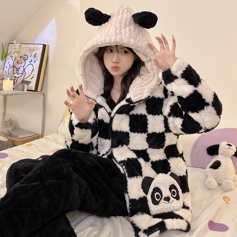 Panda Cartoon Cute Sleepwear for Winter Women's Flannel Warm Nightwear Big Size M-2XL Pjs Pyjamas Femme Coral Fleece Loungewear