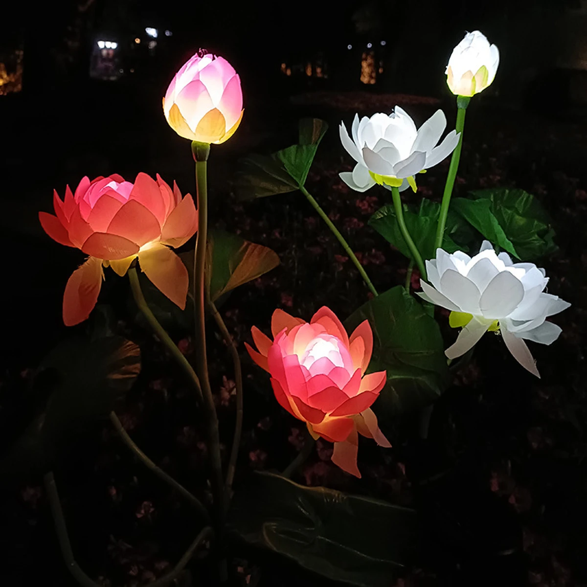 Solar LED Light Lotus Lawn Lamp 3 Heads Rca Pink White Flower Lantern For House Outdoor Waterproof Patio Garden Decoration