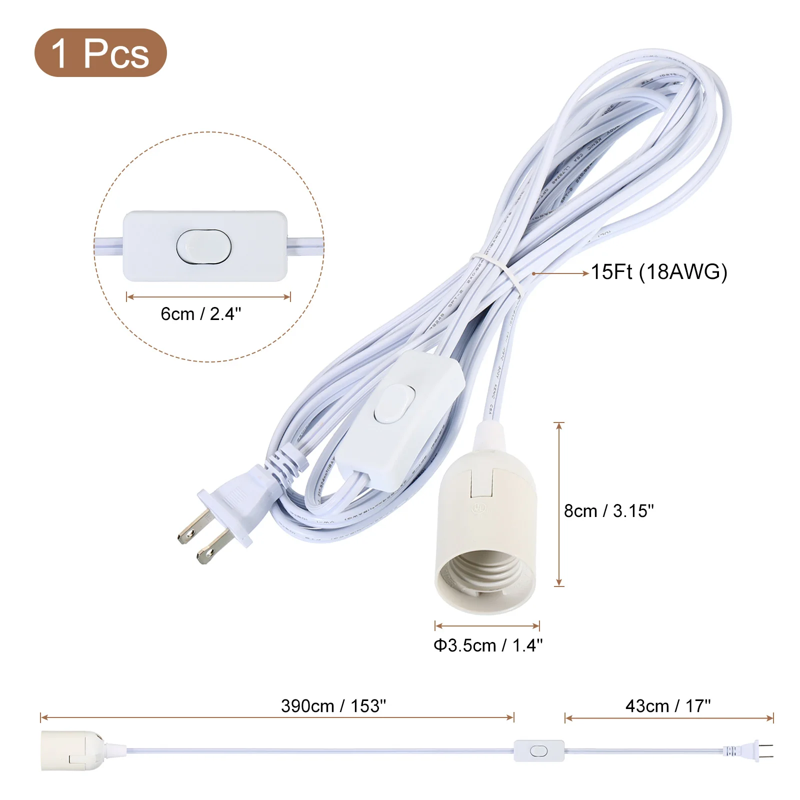 1/2 ชิ้น 15Ft แขวนสายไฟขยายจี้โคมไฟสายไฟพร้อมสวิตช์เปิด/ปิด Plug - in Light ซ็อกเก็ตสําหรับ e26 E27 ฐานหลอดไฟ