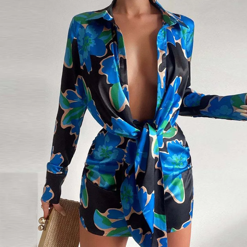 Bodycon 파티 드레스 캐주얼 긴 소매 턴 다운 칼라 벨트 보헤미안 휴가 드레스 INS 여성 우아한 패션 여름 인쇄