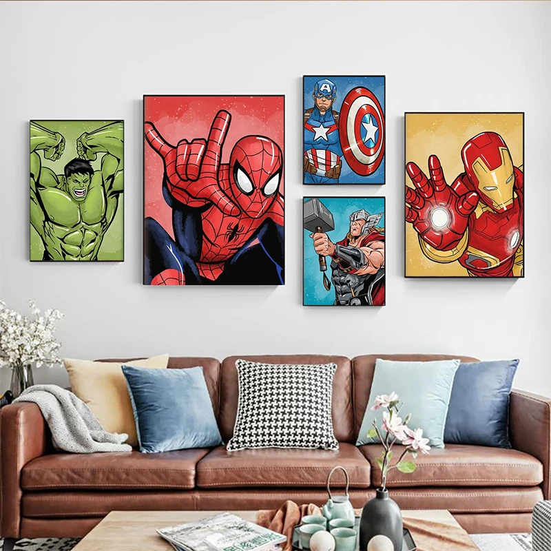 Marvel Avengers Canvas Painting Spider-Man Iron Man Captain America Hulk Movie Posters Wall Art Mural Pictures Boys Room Deco