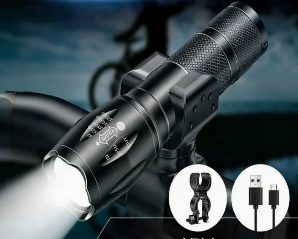 LED bicycle night riding headlights, super bright flashlight Aluminum USB Rechargeable Tactical Zoom Waterproof with Handlebar