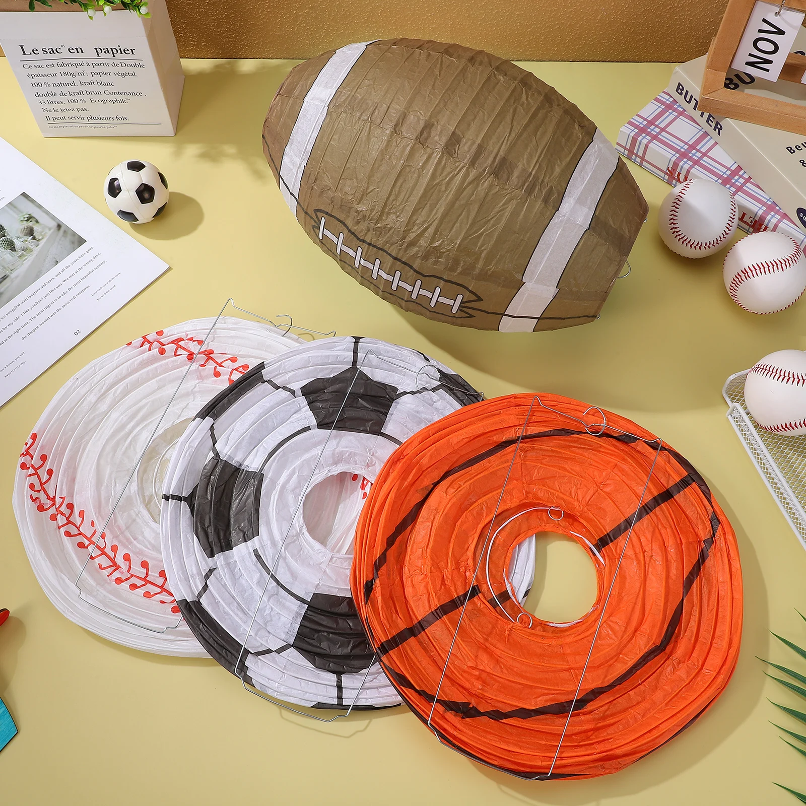 

4pcs Sports Themed Paper Lanterns Basketball Baseball Football Rugby Hanging Decorative Lights For Party Festival Decoration