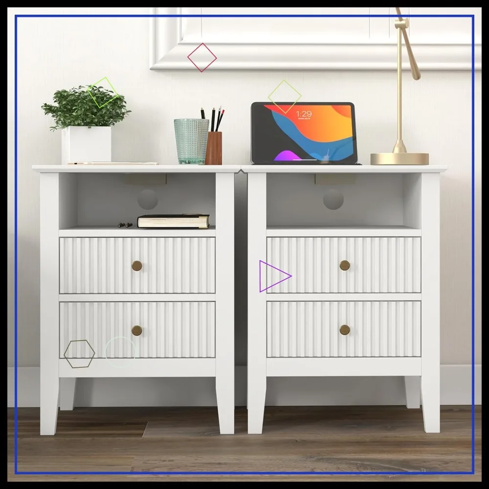 Set di 2 Comodini Moderni Bianchi con Stazione di Ricarica, Cassetti Silenziosi e Ripiano Portaoggetti per Camera da Letto