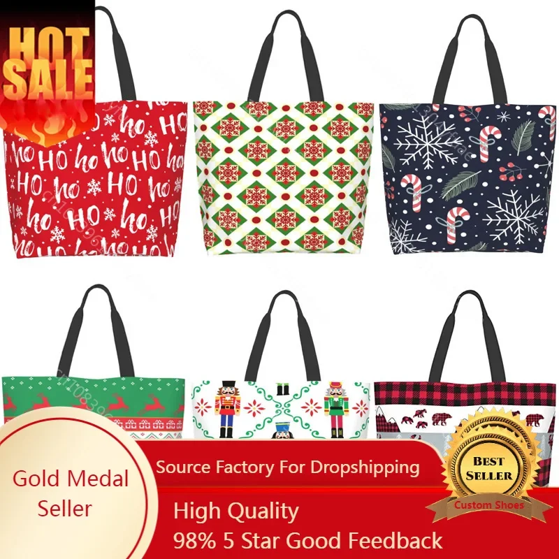 

Christmas Santa Claus Deer Winter Snowflake Ho Red White Shoulder Tote Bag Handle Bag Reusable Shopping Bags for Women Girls