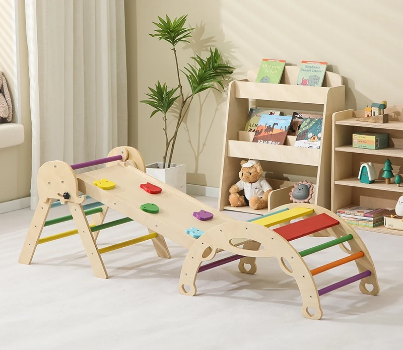 Rainbow Indoor Climbing Frame Climbing Stone Ramp for Climbing Sliding Kids Play Gym Piklers Triangle Set with Wooden Car Toy