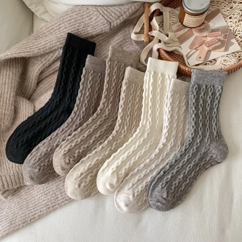 

1/7 pairs of autumn winter cashmere women's warm mid tube socks trendy versatile solid color simple casual socks