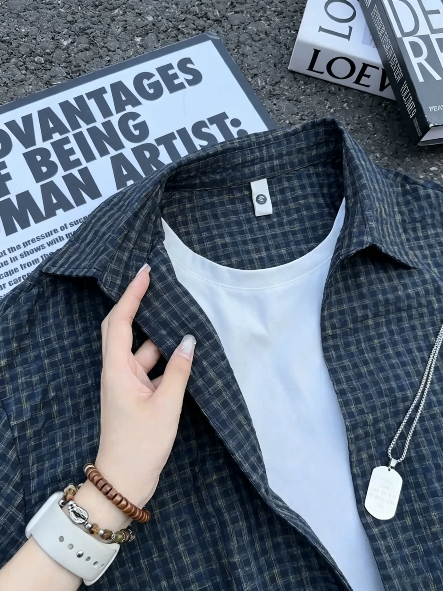 Lightweight Breathable Blue Plaid Bubble Shirt Men's Summer Short Sleeve Flip-Collar T-Shirt Shoulder-Length Half Sleeve
