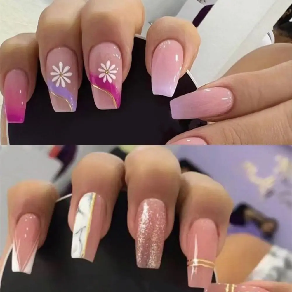 24 pçs destacável diy glitter unhas falsas cobertura completa caixão francês unhas falsas longa bailarina