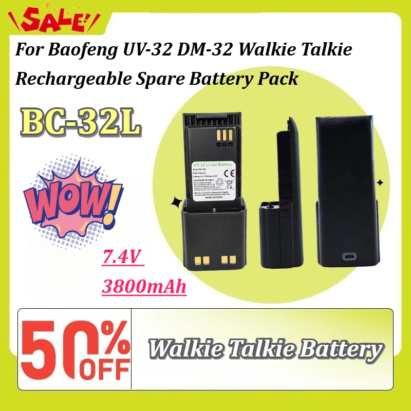 New 7.4V 3800mAh Type-C Extended Li-ion Battery BC-32L For Baofeng UV-32 DM-32 Walkie Talkie Rechargeable Spare Battery Pack