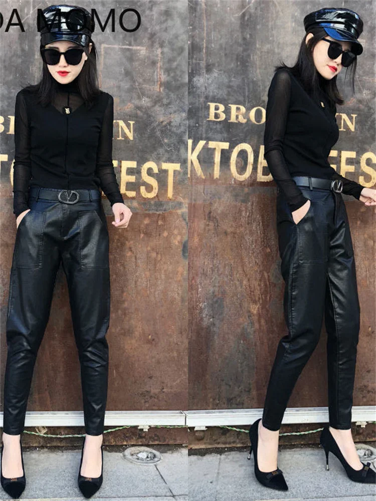 Oversized harem Pants Women Autumn Winter PU Leather Trouser 2021 Fashion High Waist Female Casual Solid Palazzo Streetwear