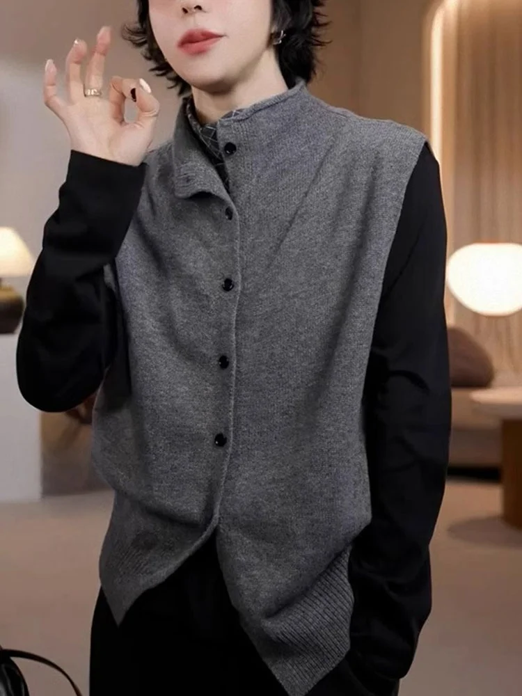 Ele Deep ey Svel Chaleco de punto Casual Commute Top Único Sle Coreano Faion Poeta Lin Marca Botón Detalle Color puro
