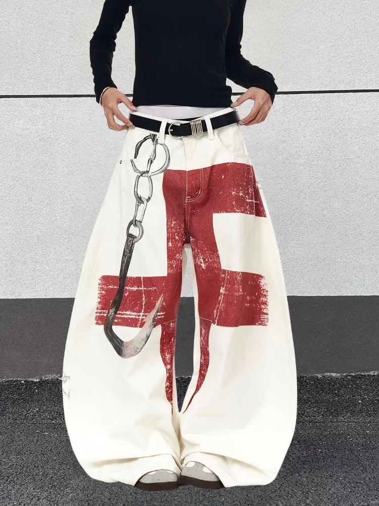 2026 American Retro Y2K Style Graffiti Printed White Baggy Jeans Pants For Women Clothing Wide Leg New Rock Lady Luxury Trousers
