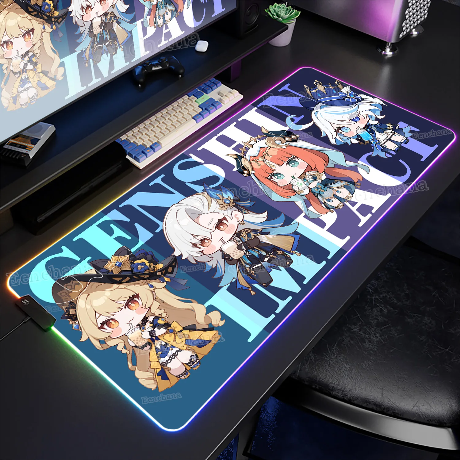 

RGB Genshin Impact коврик для мыши милый ПК игровой XXL офисный ковер аксессуары для клавиатуры резиновая нескользящая подсветка стол светодиодный настольный коврик