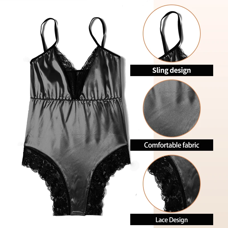 Women\'s Spaghetti Strap Dress Solid Color V-Neck Lace Backless Sexy Lace up Black Home Wear Satin Pajamas