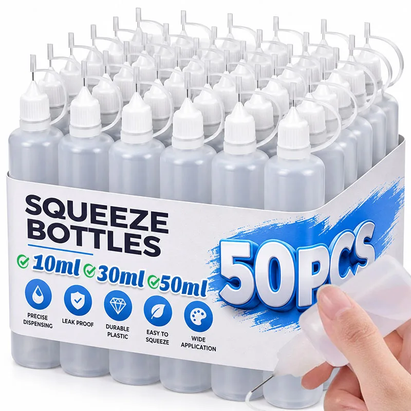 10/30/50ML Plastic Squeezable Tip Applicator Bottle Refillable Dropper with Needle Tip Caps for Glue Pigment Oil Liquids Bottles
