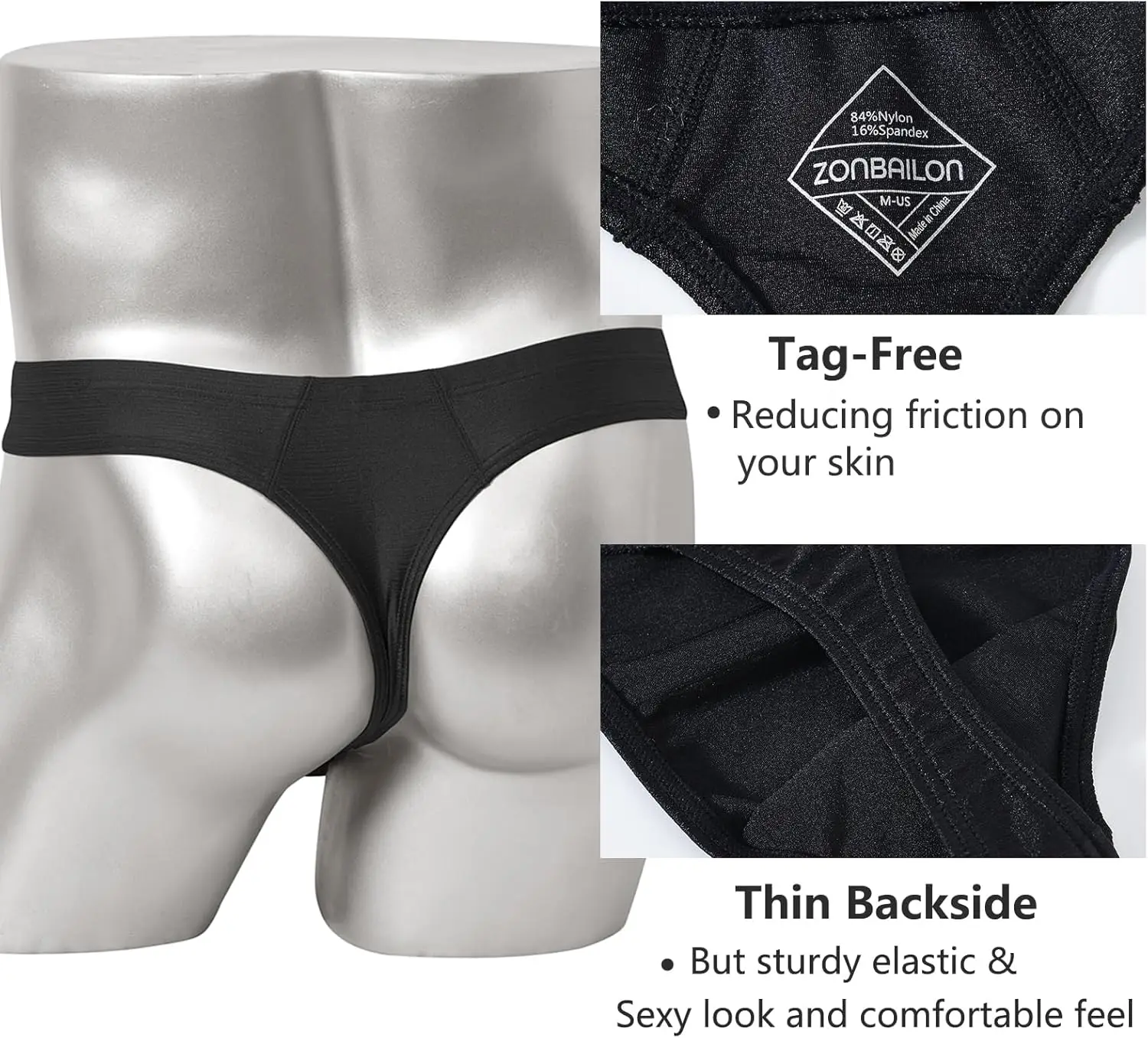 ZONBAILON Men's Thong Underwear G-Strings Silk Bikini Underwear Pouch Athletic Panties Pack M L XL 2XL