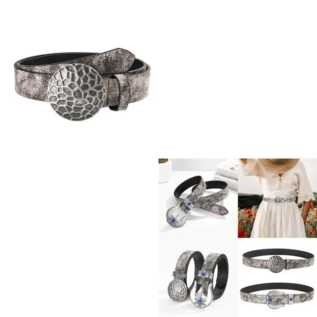 652f Destressed metallischer Schnallengürtel für Erwachsene Unisex westliche Bundsbasis -Präge -Mustergürtel PU -Waagenstrap für