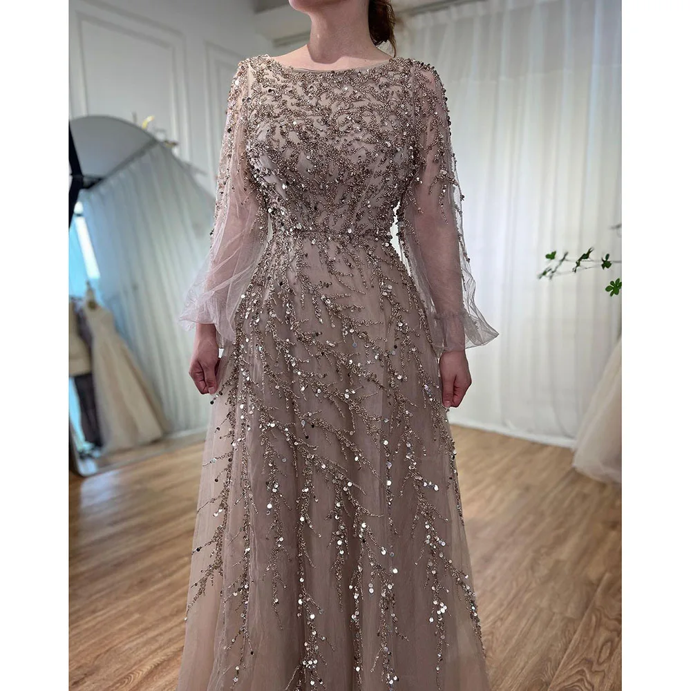 SERENE HILL Customized Muslim Caramel A Line Beaded Luxury Dubai Long Evening Dress Gown For Women Wedding Party 2025 CLA71653A