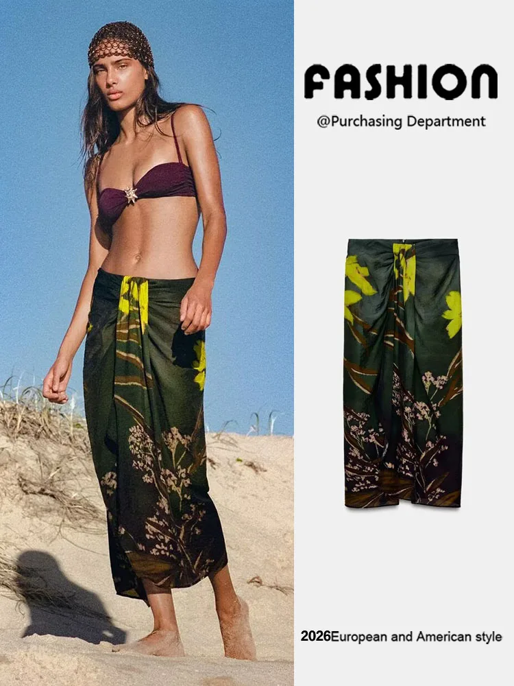 

Faionable Floral Print Wrap Scarf f Skirt Women's Summer New Arrival Slimming Bow Decoration Versatile Ethnic Costume
