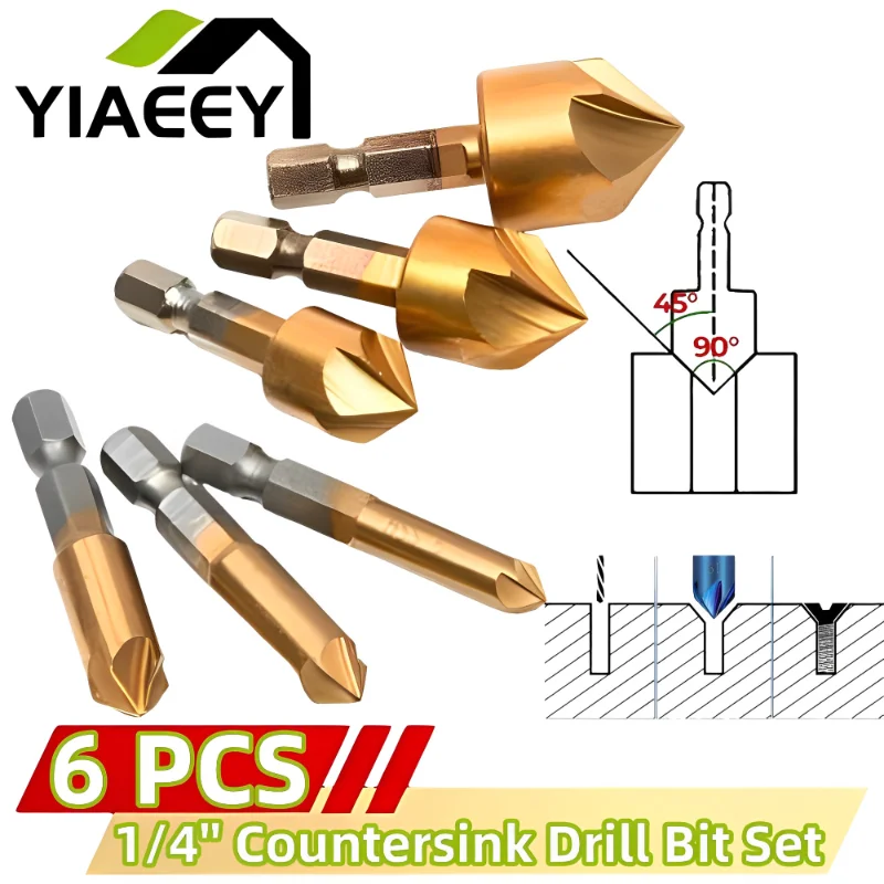 6PCS Counter Sink Drill Bit Set 1/4'' Hex Shank HSS 5 Flute Countersink 90 Degree Wood Chamfering Cutter Chamfer 6mm-19