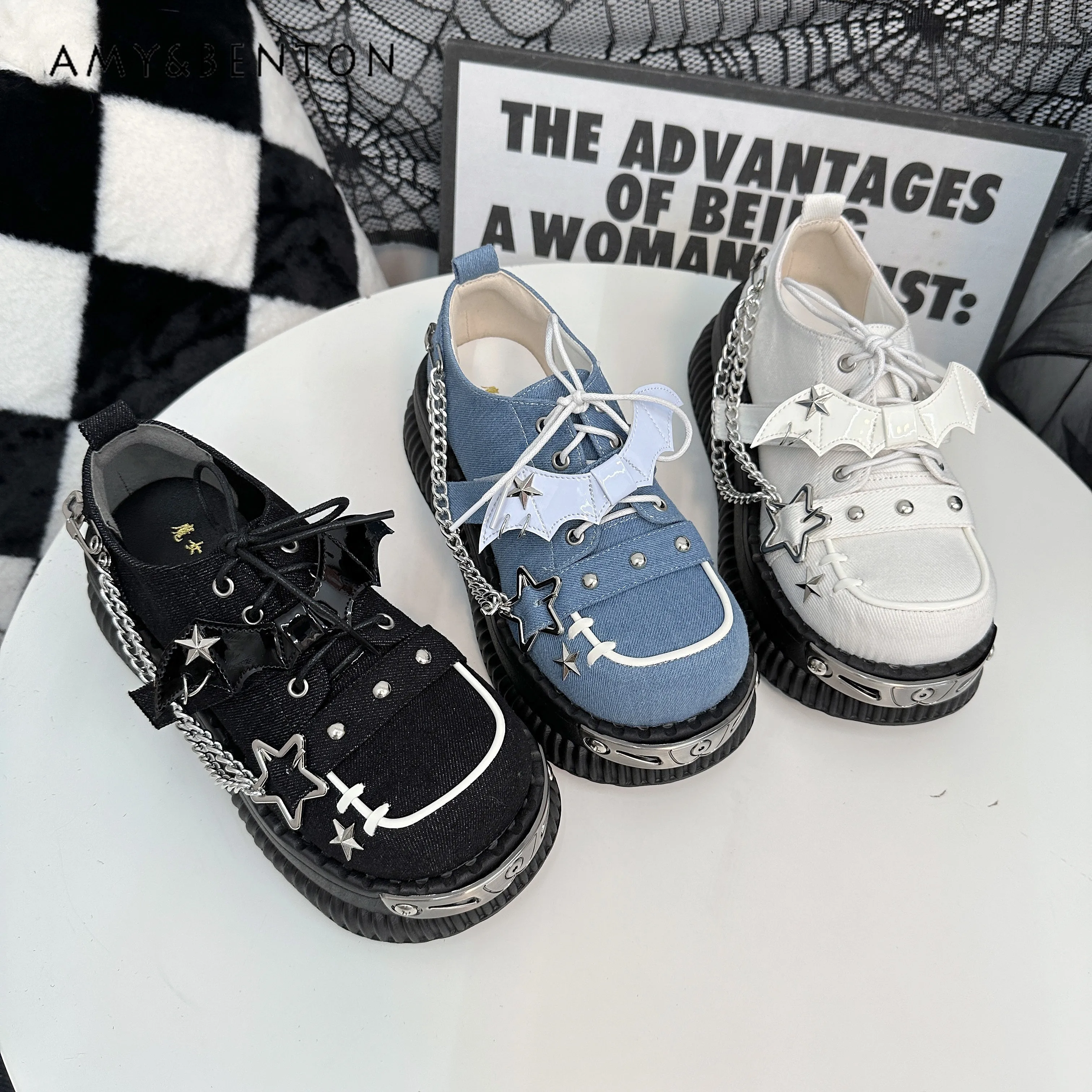 

2025 Spring and Autumn New Punk Style Thick-Soled Shoes Subculture Gothic Style Lolita Platform Canvas Height-Increasing Shoes