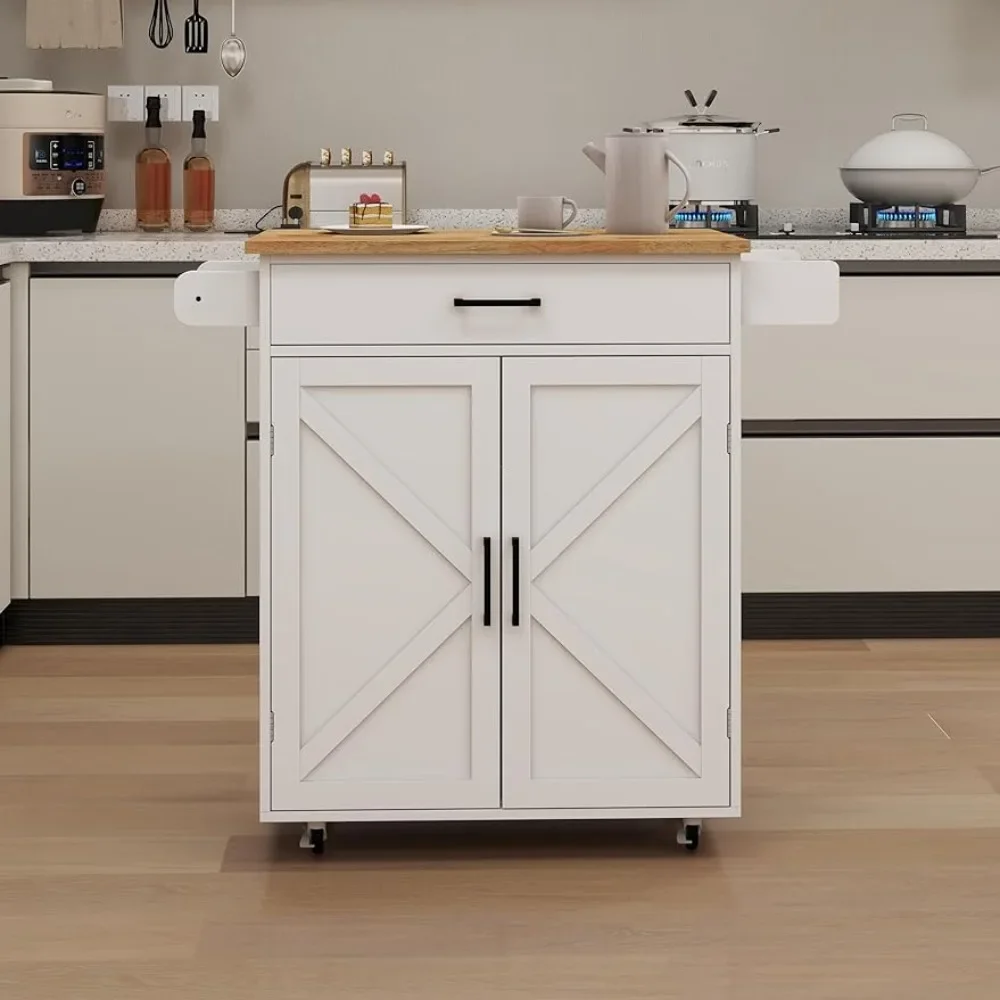 

Kitchen Island, Roll-on Storage Cabinet with Storage Cabinets, Mobile Kitchen Island Trolley Cabinet with Rubberwood Roof