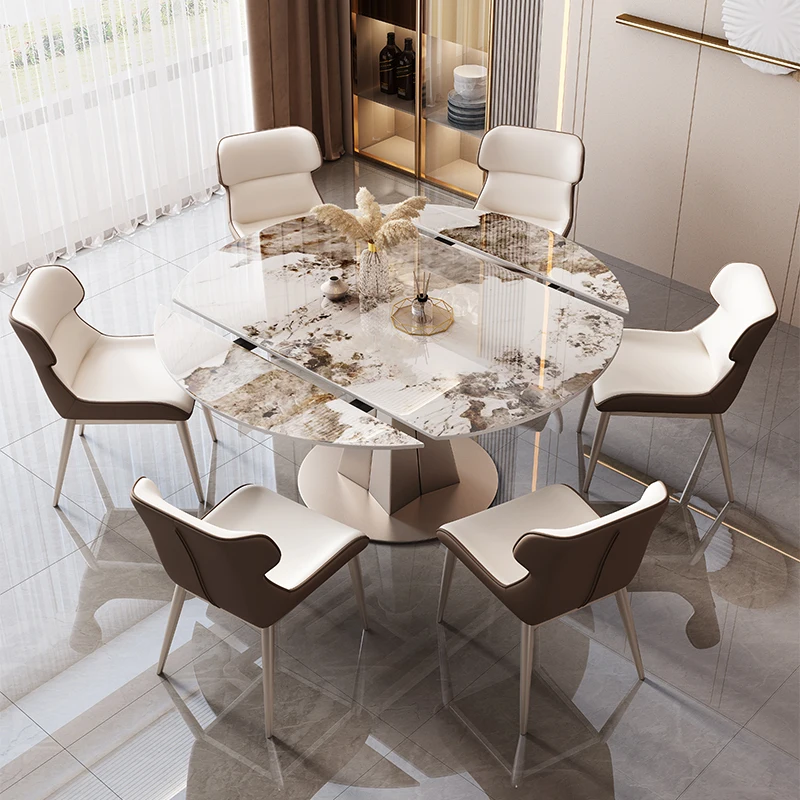 

Best Selling Modern Round Rectangular Dining Tables 6 Chairs Luxury Stainless Steel Extendable Dinning Table Set