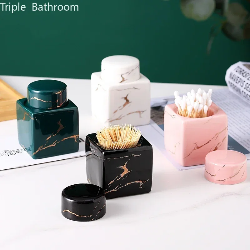 Ceramic with Cover Dust Proof Organizer Cotton Swab Cartridge Nordic Marble Stripes Toothpick Holder Bathroom Accessories