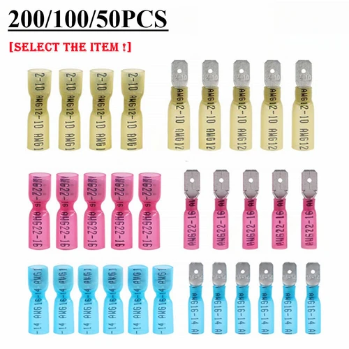 25/50/200 Uds macho hembra Terminal de engarzado de pala termorretráctil impermeable aislado a tope conector de Cable eléctrico Kit de terminales de Cable