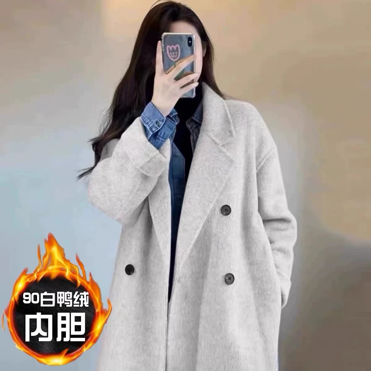 Grey Double-sided Cashmere Coat Women's 2026 Winter New Korean Version Loose Thick Down Woolen Coats Solid Casual Long Overcoat