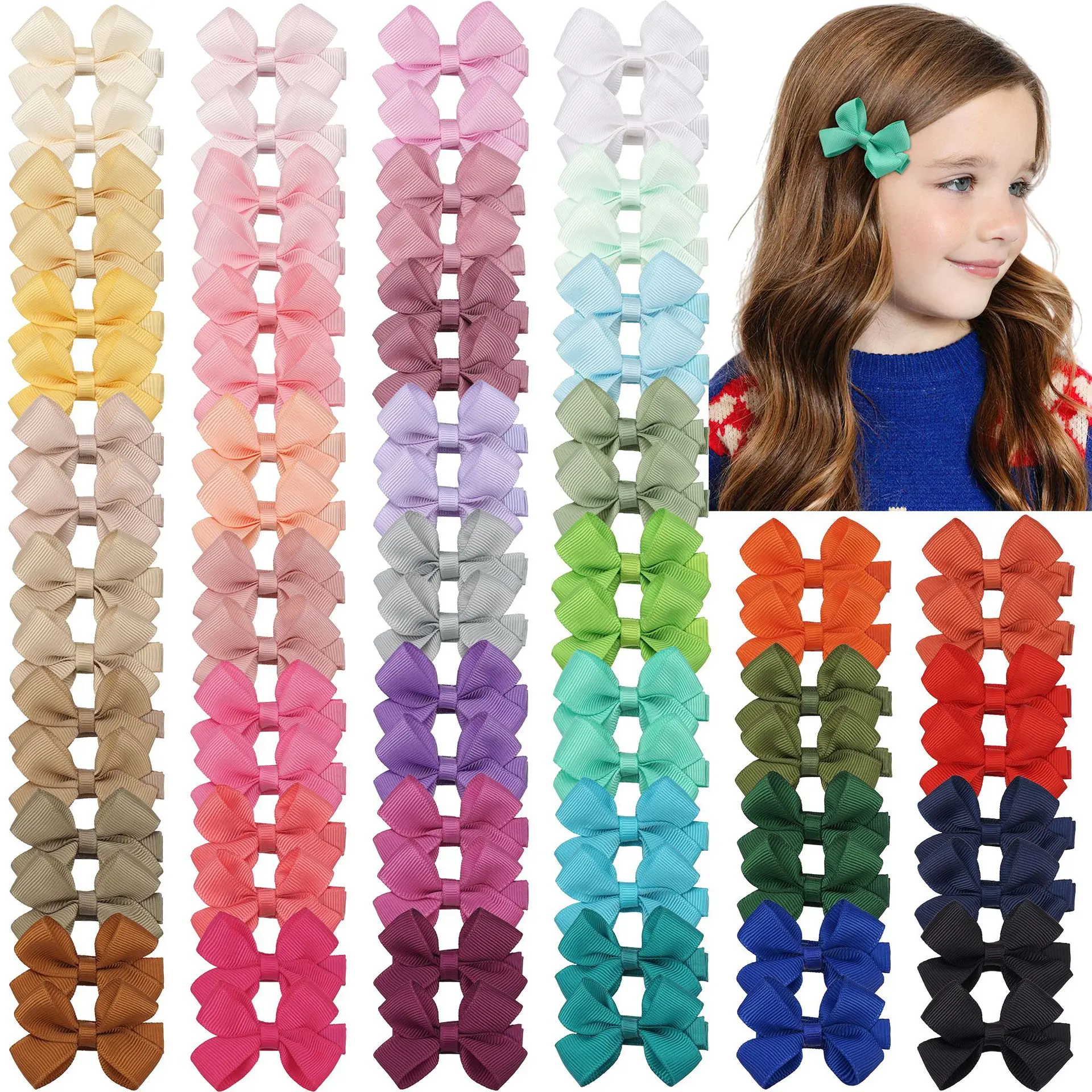 200pcs 2-Inch Solid Grosgrain Ribbon Hairbows with Hair Clips Baby Girls Hair Accessories Hairpins Headwear Hair Bow Clips Bulk