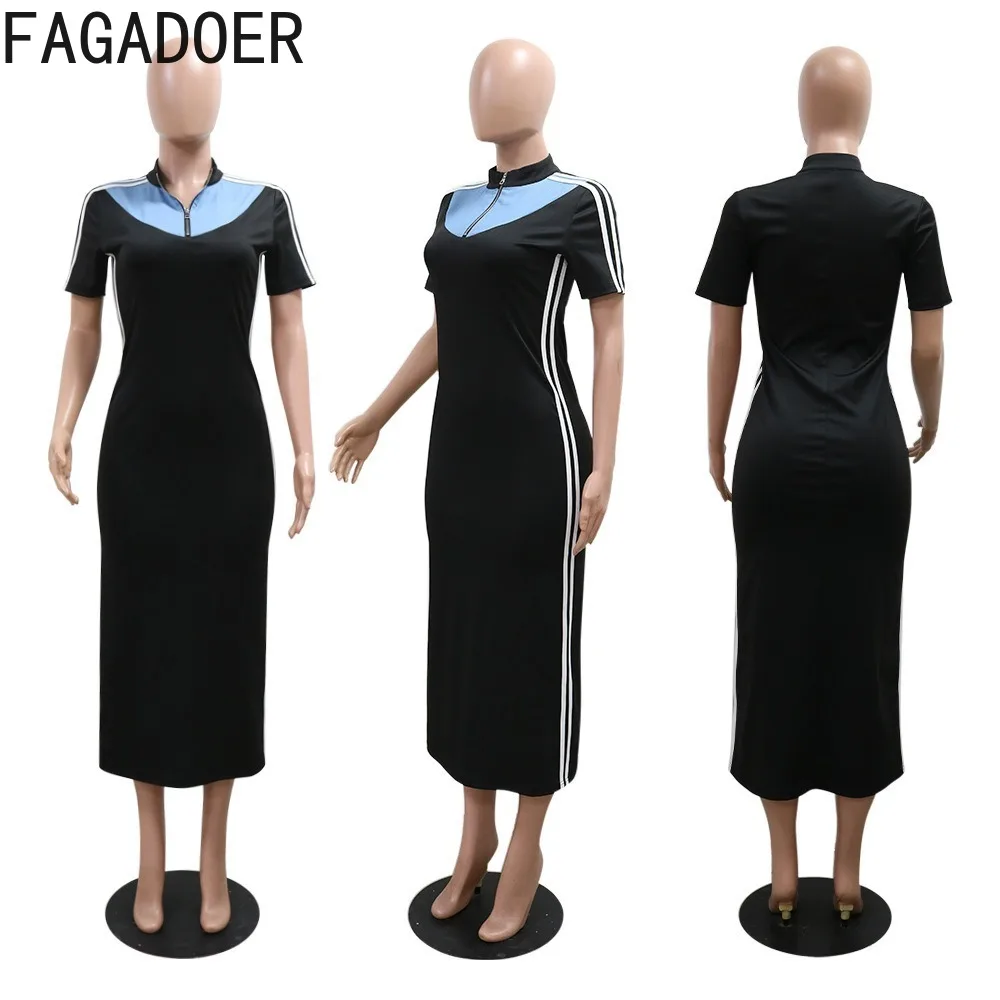 FAGADOER Fashion Color Stitching Short Sleeve Slim Dresses Women V Neck Zipper Slim Vestidos Casual Female Solid Streetwear 2024