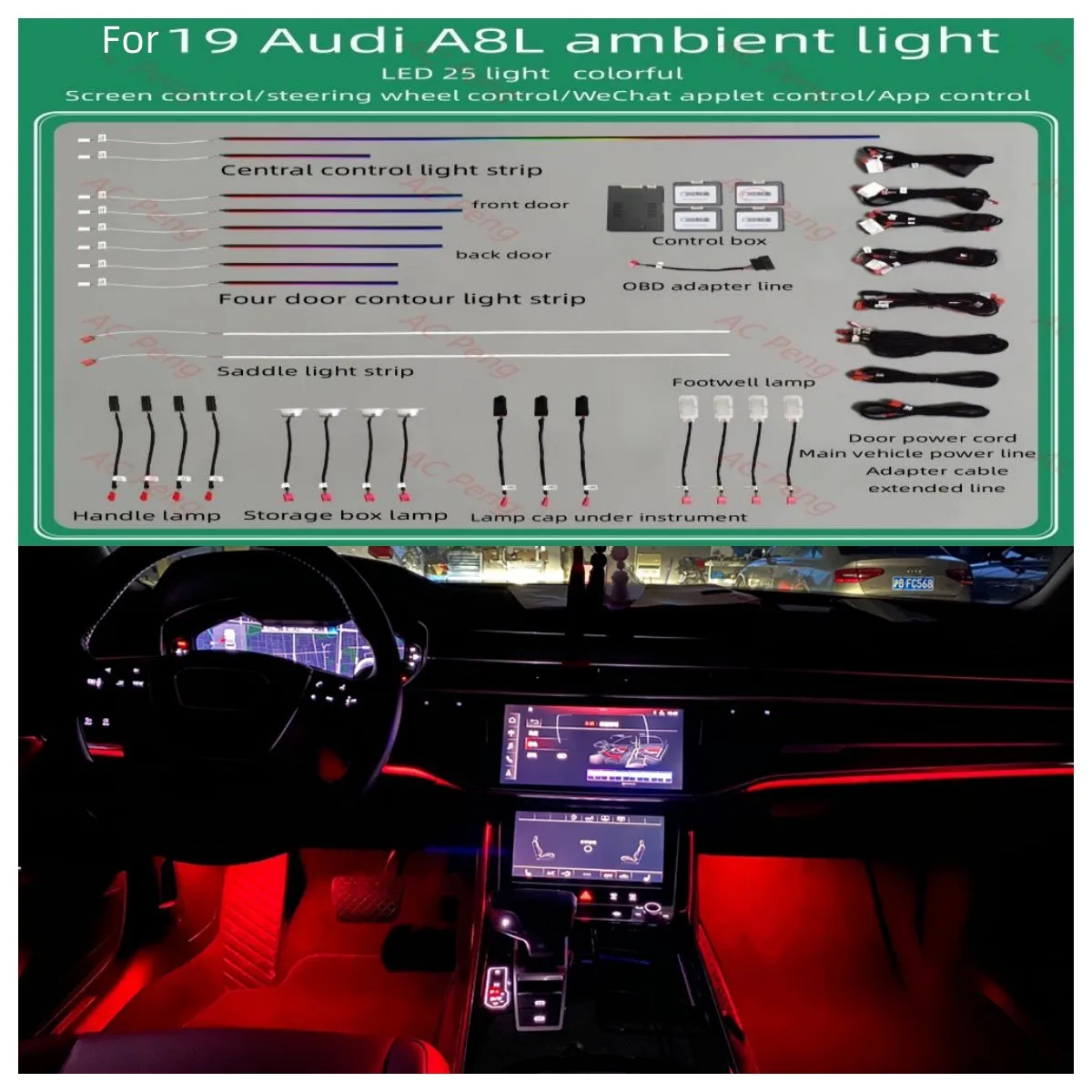 

For A8 30 Color LED Ambient Light Lamp For Audi A8 D5 2018-2021 Interior Atmosphere Light With breathing modeAmbient light