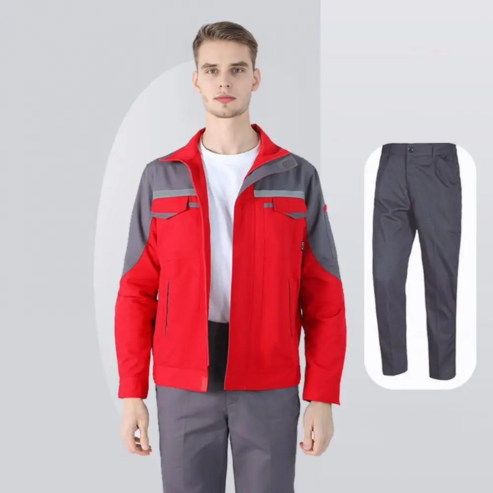 Contrast Color Workwear 2pcs Welding Workwear Set Stand Collar Zipper Jacket Long Sleeve Tear-resistant Pants with for Safety