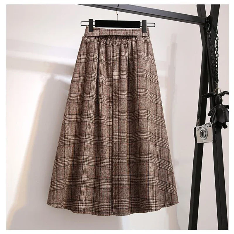 Fashion Elastic Pockets Printed Bandage Plaid Skirts Female Clothing Autumn Winter New Loose High Waist Preppy Style Skirts A202