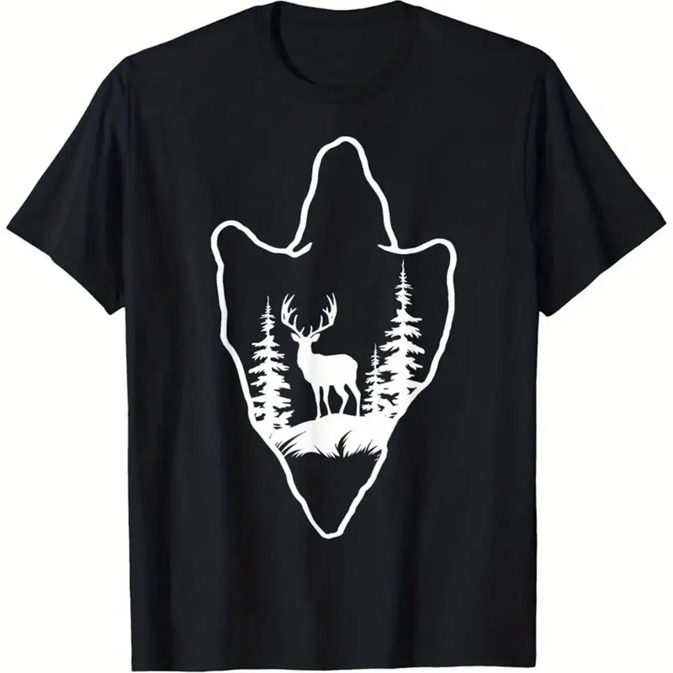 Contour Pine Tree Deer Graphic Print Summer Autumn Winter Men's and Women's Short Sleeved T-shirt Casual Loose Outdoor Street